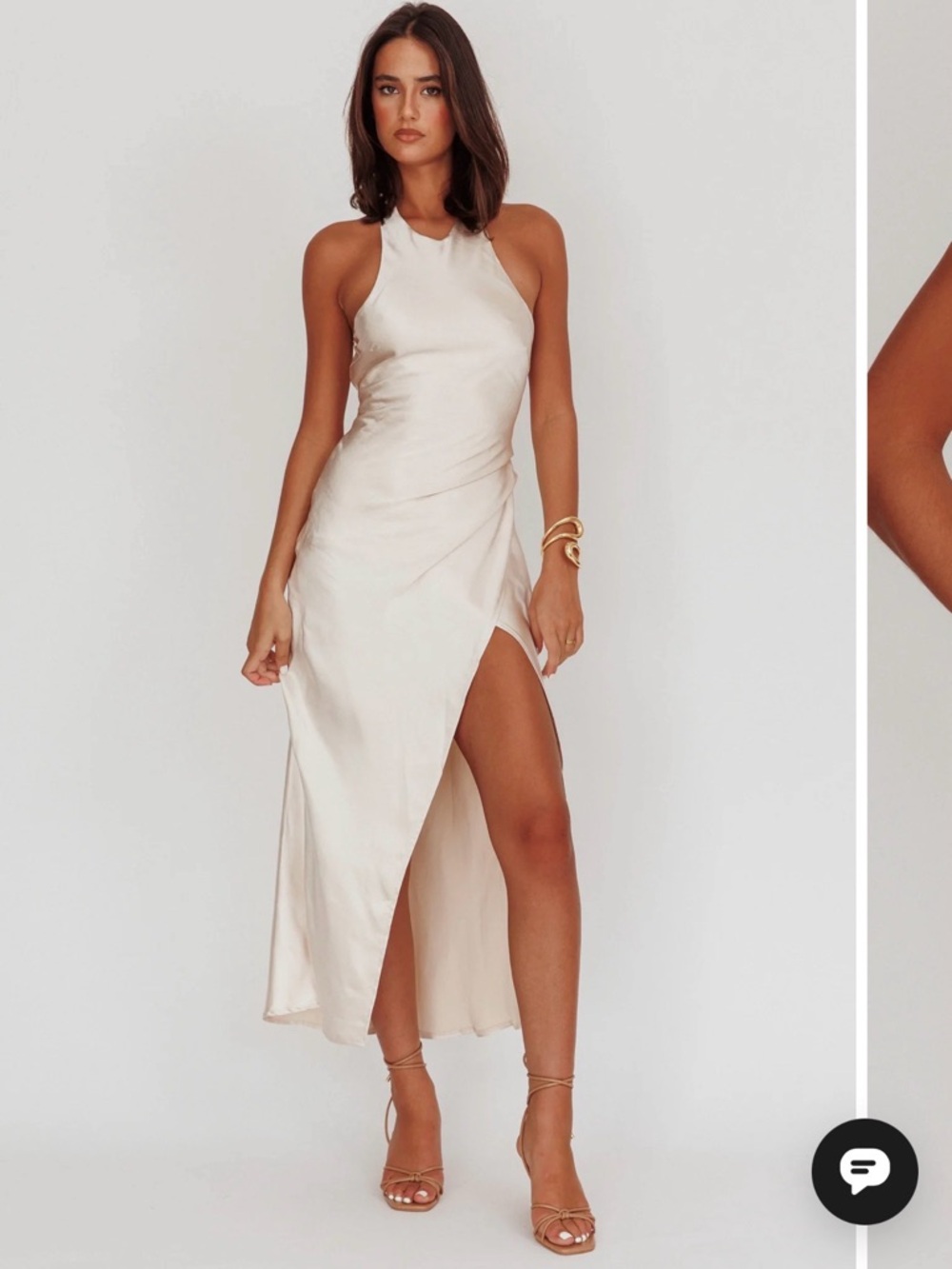 Selfie Leslie Cream Satin Halter Midi Dress with High Slit